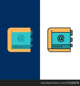 Book, Business, Contact, Contacts, Internet, Phone, Telephone Icons. Flat and Line Filled Icon Set Vector Blue Background