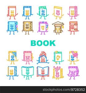 book character school icons set vector. study education, library, children, poster literature, girl notebook, student book character school color line illustrations. book character school icons set vector
