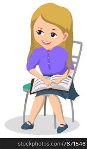 Book club after lessons for pupils. Schoolgirl sit on chair and read interesting textbook. Hobby reading stories, romances and novels. Back to school concept. Flat cartoon vector illustration. Girl in Book Club Sit on Chair and Read Books