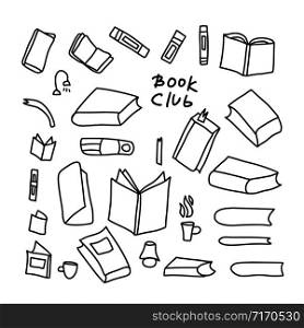 Book club concept. Book set in doodle style. Symbols of reading on white background. Vector black and white design illustration.