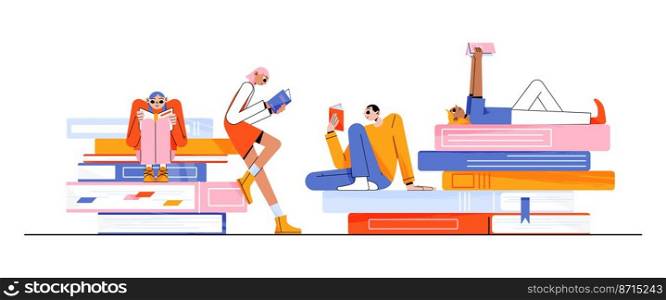 Book club concept with people read in different poses. Vector banner with group meeting for reading and talk about literature with flat illustration of characters sitting and lying on books stacks. Book club concept with people read books