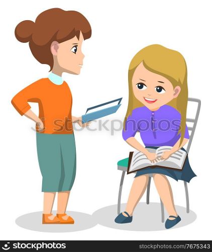 Book club for pupils after lessons. Schoolgirl sitting on chair near teacher woman and they read together. Hobby reading interesting stories. Back to school concept. Flat cartoon vector illustration. Girl in Book Club with Teacher, Reading Books