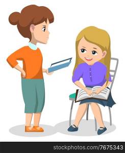 Book club for pupils after lessons. Schoolgirl sitting on chair near teacher woman and they read together. Hobby reading interesting stories. Back to school concept. Flat cartoon vector illustration. Girl in Book Club with Teacher, Reading Books