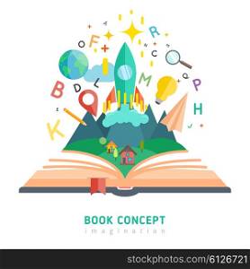 Book concept illustration. Book concept with flat imagination and education symbols vector illustration