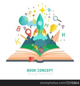 Book concept with flat imagination and education symbols vector illustration. Book concept illustration