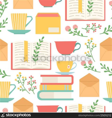 Book, cup, envelope and flower seamless pattern, vector illustration