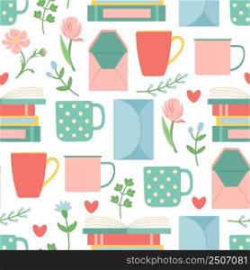 Book, cup, envelope and flower seamless pattern, vector illustration