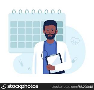 Book doctor appointment 2D vector isolated illustration. Regular examination flat character on cartoon background. Scheduling colourful editable scene for mobile, website, presentation. Book doctor appointment 2D vector isolated illustration