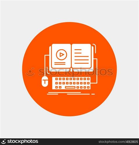 book, ebook, interactive, mobile, video White Glyph Icon in Circle. Vector Button illustration. Vector EPS10 Abstract Template background