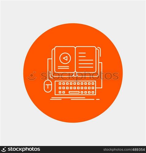 book, ebook, interactive, mobile, video White Line Icon in Circle background. vector icon illustration. Vector EPS10 Abstract Template background