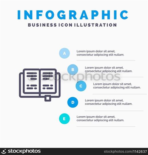 Book, Education, Knowledge Line icon with 5 steps presentation infographics Background