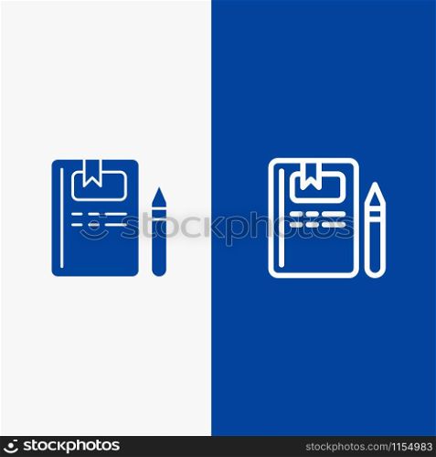 Book, Education, Knowledge, Pencil Line and Glyph Solid icon Blue banner Line and Glyph Solid icon Blue banner