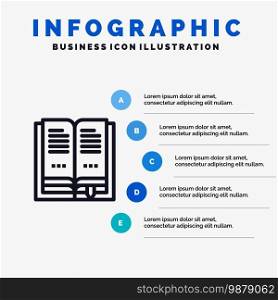 Book, Education, Open Line icon with 5 steps presentation infographics Background