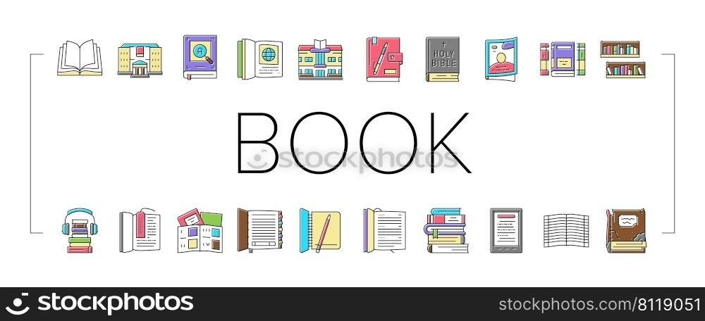 Book Educational Literature Read Icons Set Vector. Book Library Bookshelf And Bookmark Accessory, Notebook For Writing Task And Diary, E-book Device And Audiobook Color Illustrations. Book Educational Literature Read Icons Set Vector