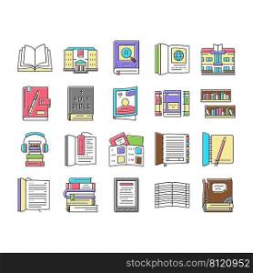 Book Educational Literature Read Icons Set Vector. Book Library Bookshelf And Bookmark Accessory, Notebook For Writing Task And Diary, E-book Device And Audiobook Color Illustrations. Book Educational Literature Read Icons Set Vector
