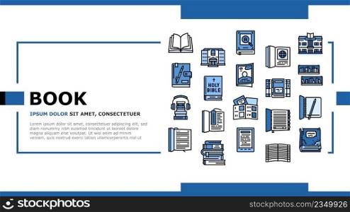 Book Educational Literature Read Landing Web Page Header Banner Template Vector. Book Library Bookshelf Bookmark Accessory, Notebook For Writing Task Diary, E-book Device And Audiobook Illustration. Book Educational Literature Read Landing Header Vector