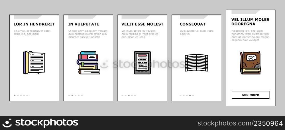 Book Educational Literature Read Onboarding Mobile App Page Screen Vector. Book Library Bookshelf And Bookmark Accessory, Notebook For Writing Task And Diary, E-book Device And Audiobook Illustrations. Book Educational Literature Read Onboarding Icons Set Vector