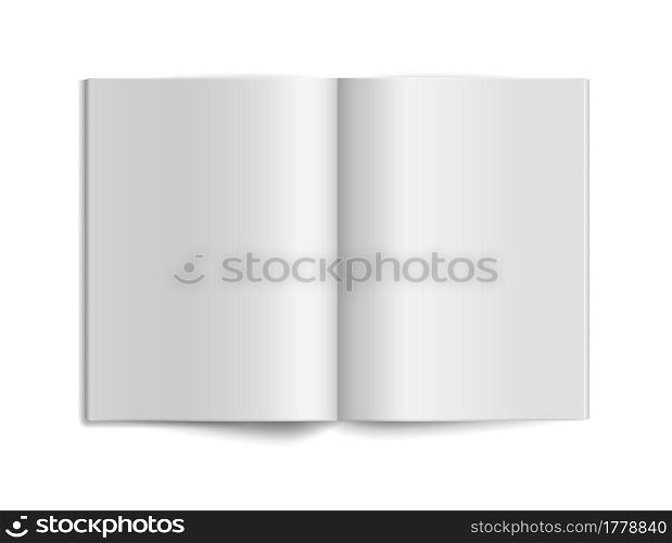 Book empty mockup. Paper sheet. Open magazine journal or fold catalog template, office stationery, 3d realistic isolated object top view. Advertising brochure with shadow. Vector isolated illustration. Book empty mockup. Paper sheet. Open magazine journal or fold catalog template, office stationery, 3d realistic isolated object top view. Advertising brochure vector isolated illustration