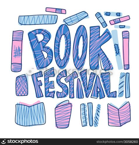 Book festival concept. Book set in doodle style. Symbols of reading. Vector illustration.