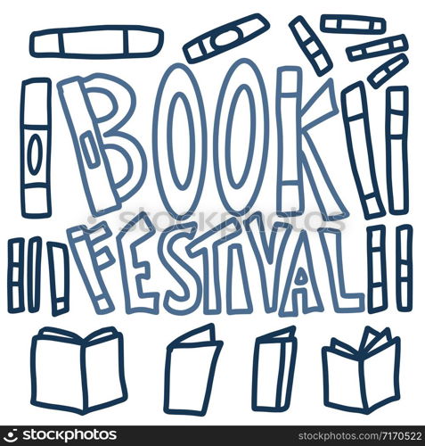 Book festival concept. Book set in doodle style. Symbols of reading. Vector illustration.