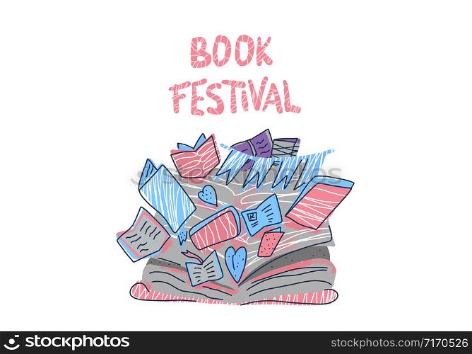 Book festival concept. Lettering with books in doodle style. Symbols of reading emblem isolated on white background. Vector illustration.