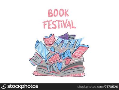 Book festival concept. Lettering with books in doodle style. Symbols of reading emblem isolated on white background. Vector illustration.