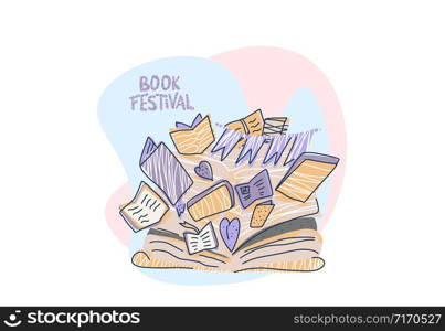 Book festival concept. Lettering with books in doodle style. Symbols of reading emblem isolated on white background. Vector illustration.