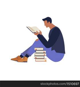 book festival poster concept of a character reading a book and books piled up vector illustration flat design.. Book festival poster concept of a character reading a book and books piled up vector illustration flat design
