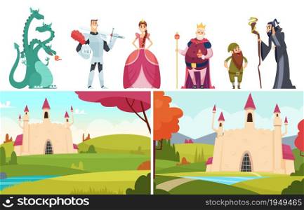 Book heroes. Fairy tale stories, castle landscapes dragon prince and princess. Royal family vector characters. Illustration fairy tale cartoon, story medieval. Book heroes. Fairy tale stories, castle landscapes dragon prince and princess. Royal family vector characters
