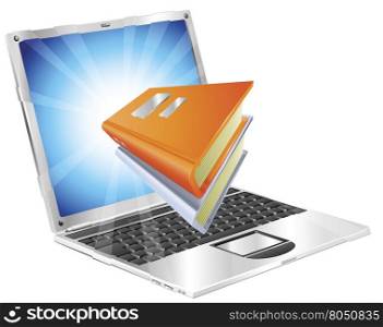 Book icon coming out of laptop screen concept for ebooks, reader apps, online database, elearning.