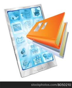 Book icon coming out of phone screen concept for ebooks, reader apps, online database, elearning.