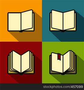 Book icons with long shadow in colored flat line style. Book icons in flat line style