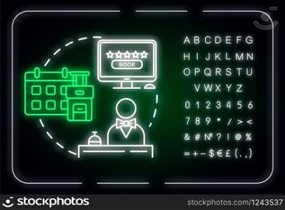 Book in advance neon light concept icon. Budget tourism, ordering trip beforehand idea. Money saving. Outer glowing sign with alphabet, numbers and symbols. Vector isolated RGB color illustration