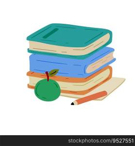 Book in cartoon style. Education and knowledge. Closed cover. Modern trendy design. Writing materials and apple. Details of school and study. Book in cartoon style. Education and knowledge
