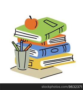 Book in cartoon style. Education and knowledge. Details of school and study. Closed cover. Modern trendy design. Writing materials and apple. Book in cartoon style. Education and knowledge