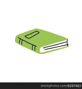 Book in cartoon style. Education and knowledge. Details of school and study. Green Closed cover. Modern trendy design. Book in cartoon style.