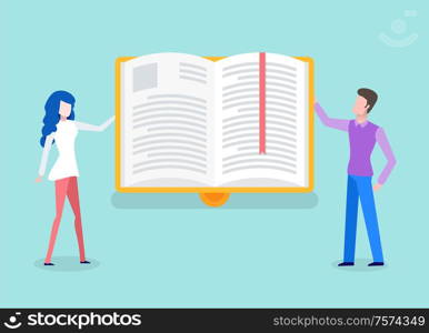 Book in hard cover with red bookmark vector. People learning information from print publication, study on exam. Students woman and man with textbook. Big Book and Student, Printed Information in Cover