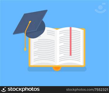 Book in yellow cover with academic cap. Education in university, science and symbol of higher knowledge and wisdom. Open bk with stripes in flat vector. Book in Yellow Cover with Academic Cap Vector