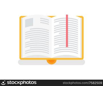 Book in yellow cover with bookmark. Education in university, library and knowledges, information icon with shadow. Open textbook with stipes in flat vector. Open Book in Yellow Cover with Bookmark Vector