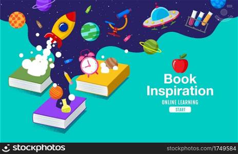 Book Inspiration, Back to school, Planet science, learning from home, vector illustration.