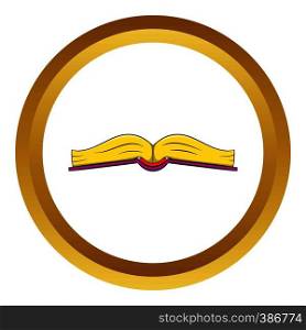 Book is open in the middle vector icon in golden circle, cartoon style isolated on white background. Book is open in the middle vector icon