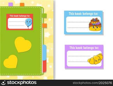 Book label stickers for kids. The rectangular shape. Isolated color vector illustration. Cartoon character. For the diary, notebook, book.
