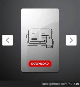 book, lesson, study, literature, reading Line Icon in Carousal Pagination Slider Design & Red Download Button. Vector EPS10 Abstract Template background