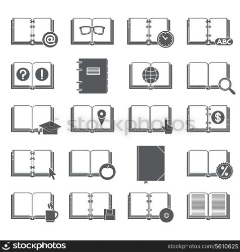Book library collection black silhouette icons set with education and business symbols isolated vector illustration