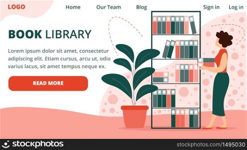 Book Library Horizontal Banner. Young Librarian Woman Holding Pile of Books in Hands Stand near Bookshelf in Reading Book Interior. Secretary Girl with Documents Files Cartoon Flat Vector Illustration. Young Librarian Woman Hold Pile of Books in Hands