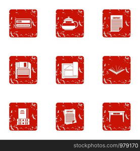 Book life icons set. Grunge set of 9 book life vector icons for web isolated on white background. Book life icons set, grunge style