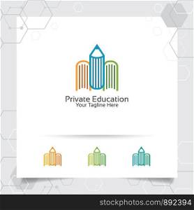 Book logo vector design with pencil icon symbol for library, education, bookstore, and university.