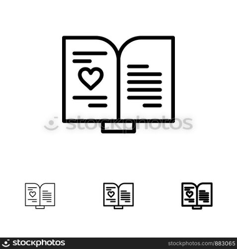 Book, Love, Heart, Wedding Bold and thin black line icon set