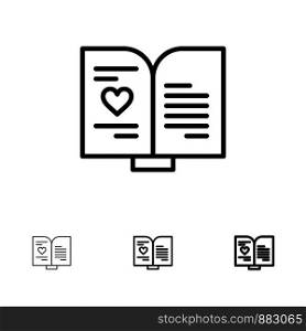 Book, Love, Heart, Wedding Bold and thin black line icon set