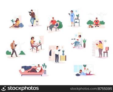 Book lovers people. Students read book, student reader books, person study, girl reading in library, man and woman home literature hobby, set cartoon isolated garish vector illustration. Book lovers people. Students read book, student reader books, person study, girl reading in library, man and woman home literature hobby